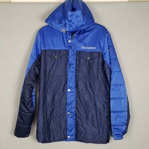 Dutch Bros Coffee Size M Hooded Puffer Jacket Multi Blue Colorblock Outdoor